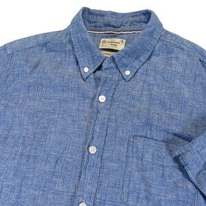 Vintage Weatherproof Mens Button Down Shirt L‎ G Blue Textured Linen Cotton
